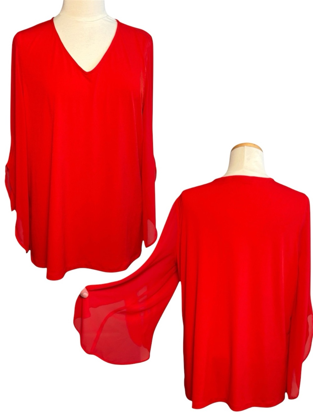 Susan Graver Top Blouse Bell Sleeves Tie Detail Tunic Liquid Knit Red Large